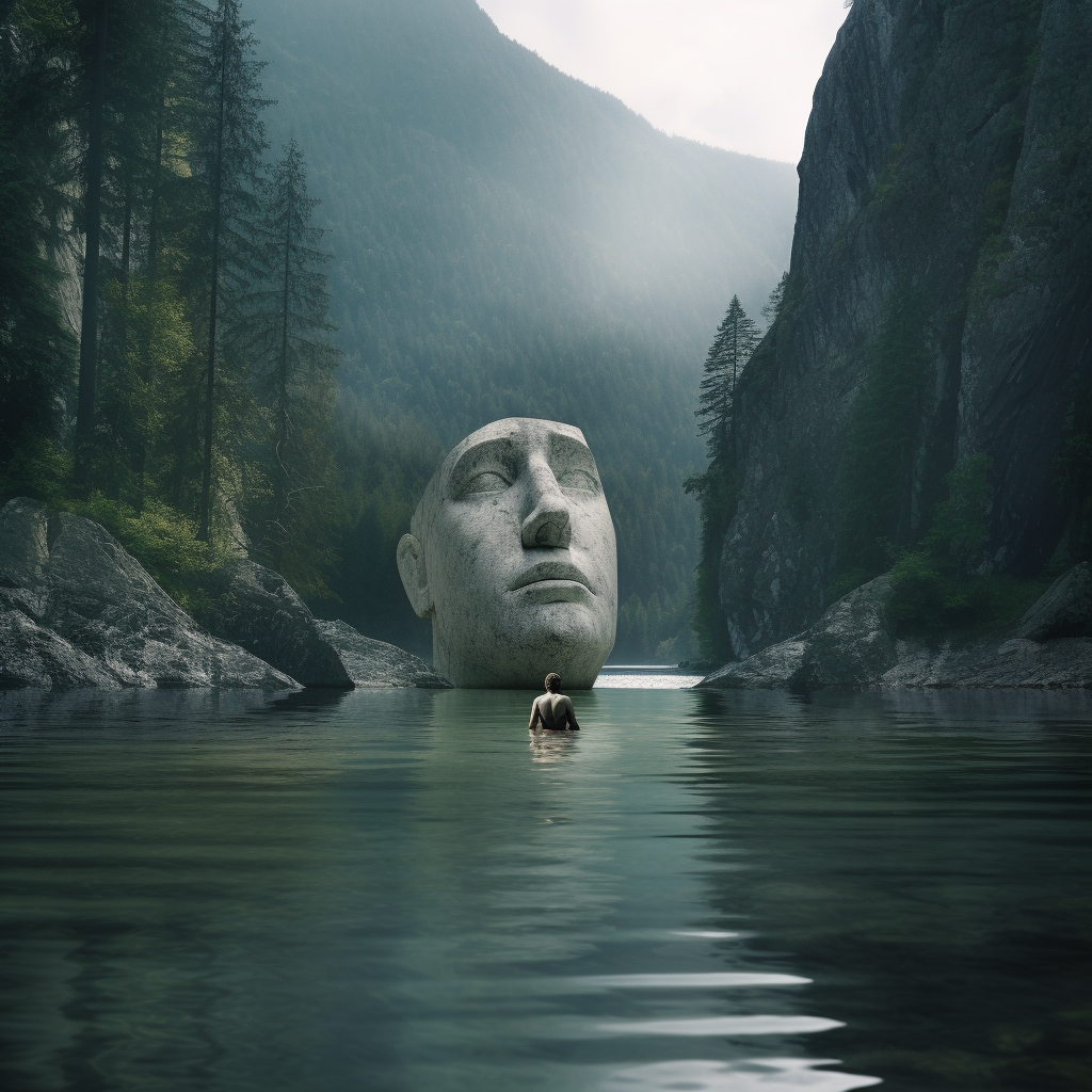 A man swims in a lake as a stone head rises from the water AI generated by Mandy Wheaton graphic designer