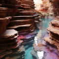 Layers of colorful sedimentary rock at the entrance to an underwater cave 