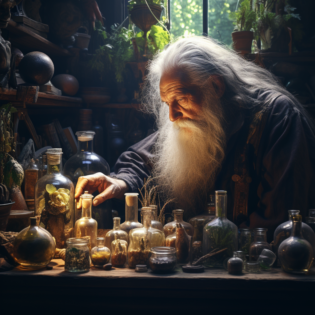 An old man wizard choosing a potion AI generated by Mandy Wheaton graphic designer