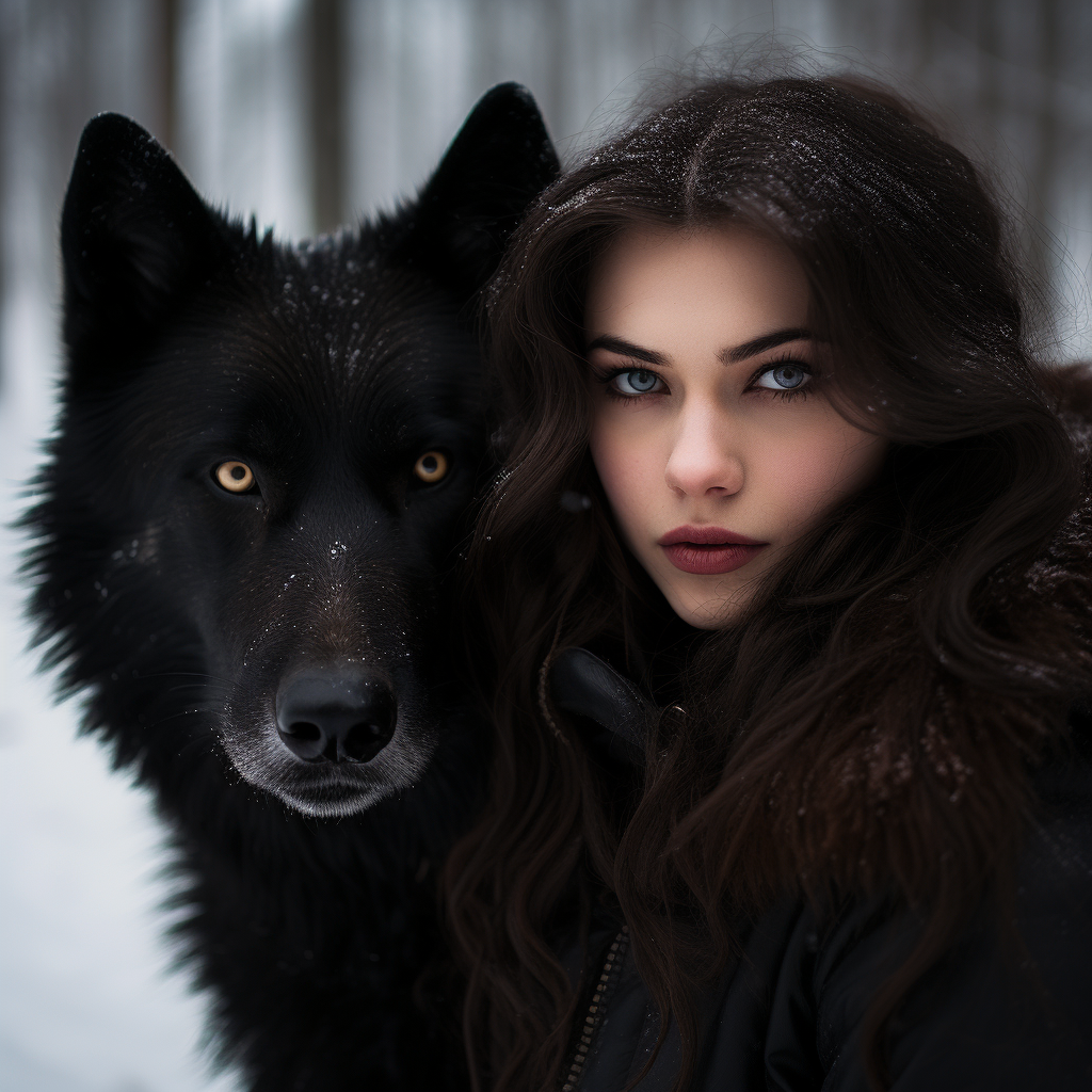 AI generated image of a woman with a black wolf in the winter forest landscape by Mandy Wheaton
