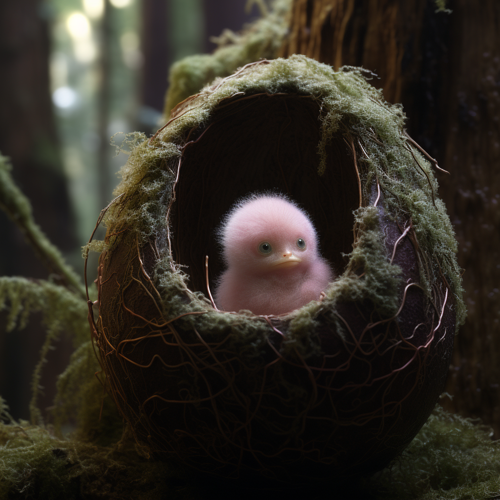 A furry pink baby  emerges from a mossy egg AI generated by Mandy Wheaton graphic designer