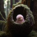 A furry pink baby  emerges from a mossy egg