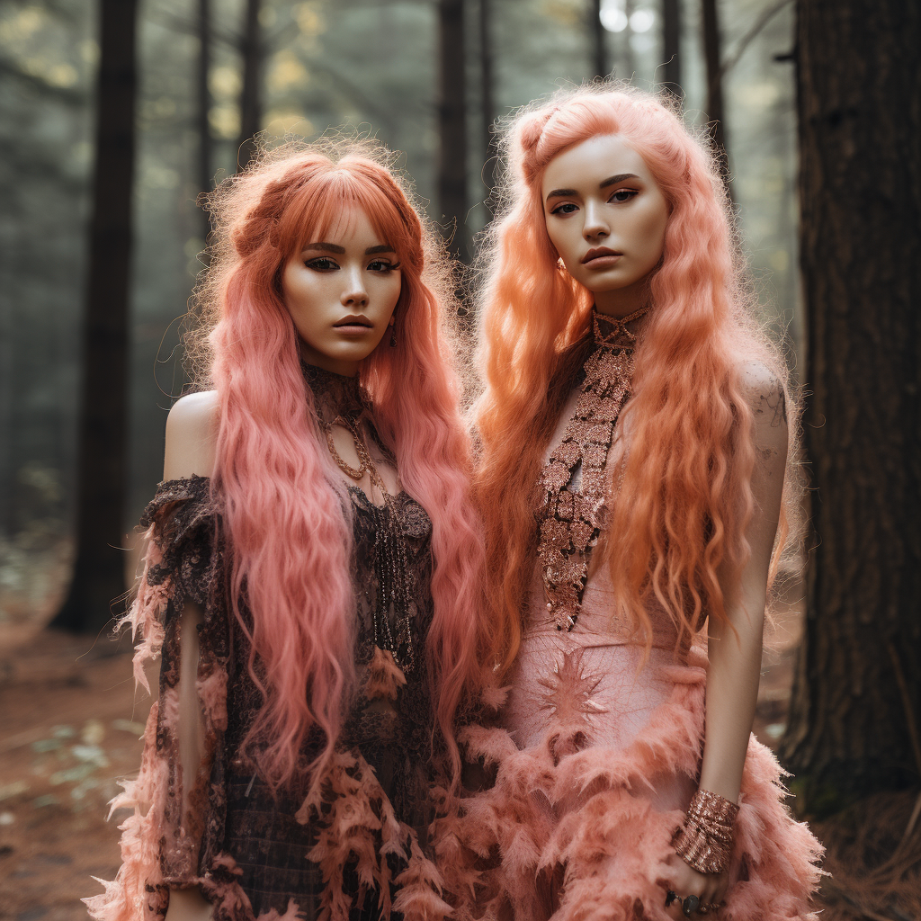 Two pink pixies in the forest AI generated by Mandy Wheaton graphic designer