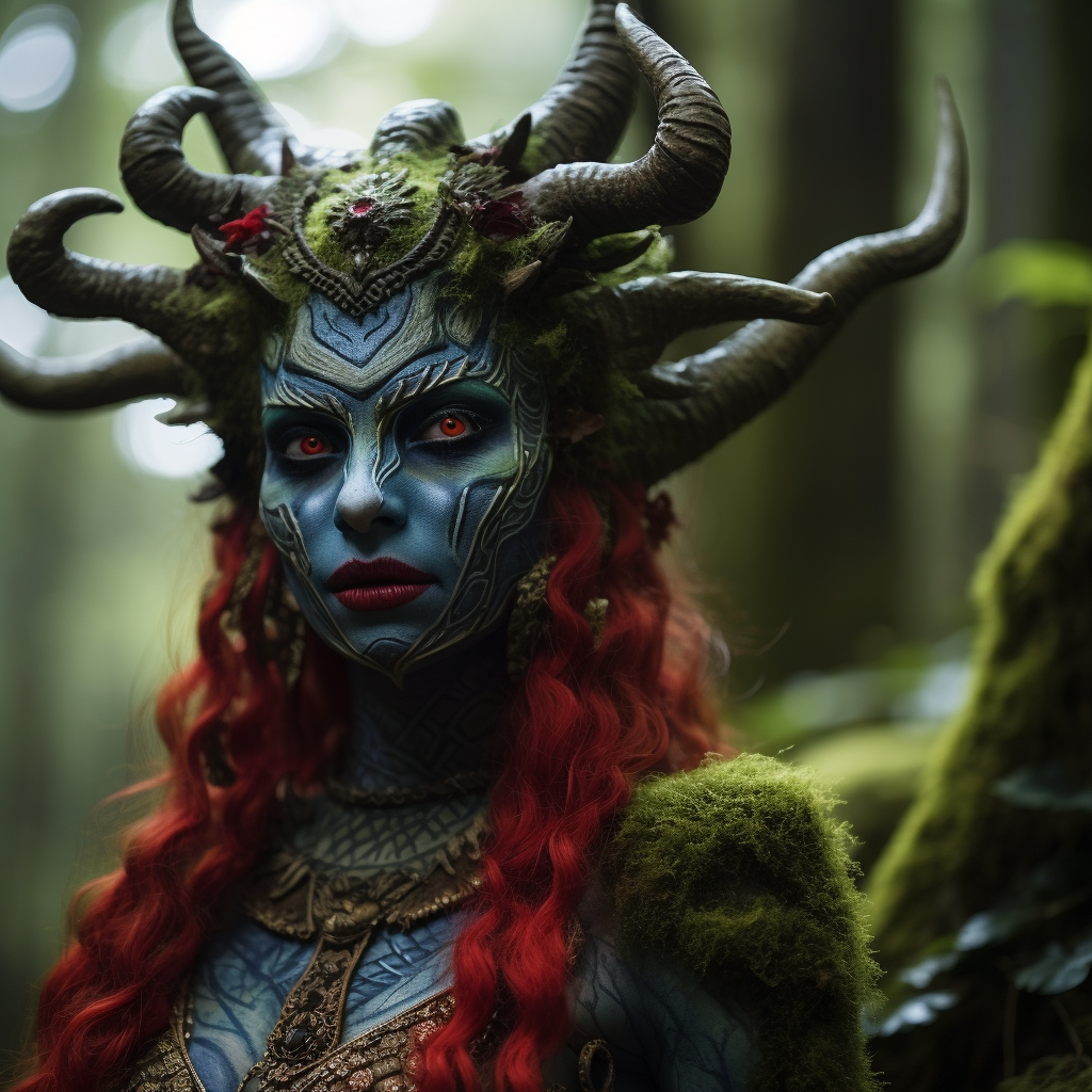 Creepy mossy forest oracle with horns and blue skin AI generated by Mandy Wheaton graphic designer 